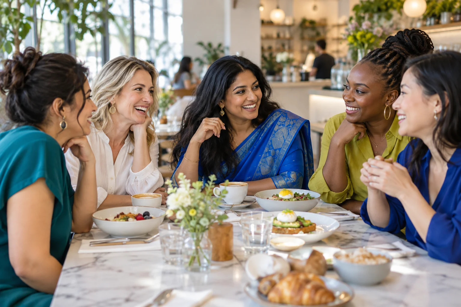 Women sharing laughter and conversation around a café table