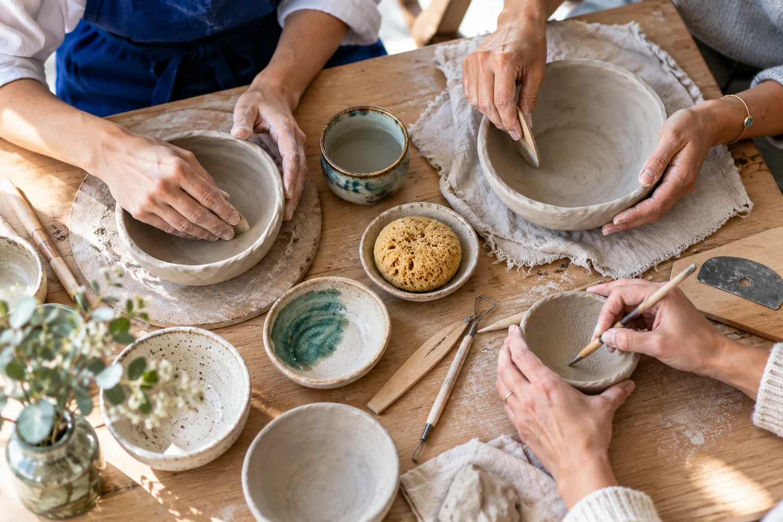 Hands shaping clay bowls at a creative workshop